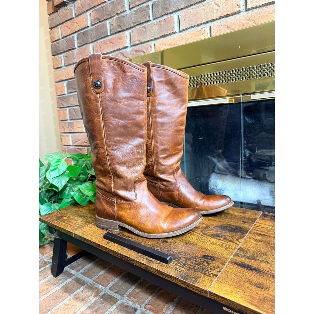 Frye Melissa Button Riding Boots Womens Cognac Leather Extended Calf Size 9B
